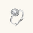 Close-up of double halo moissanite ring with two rows of stones in 925 sterling silver