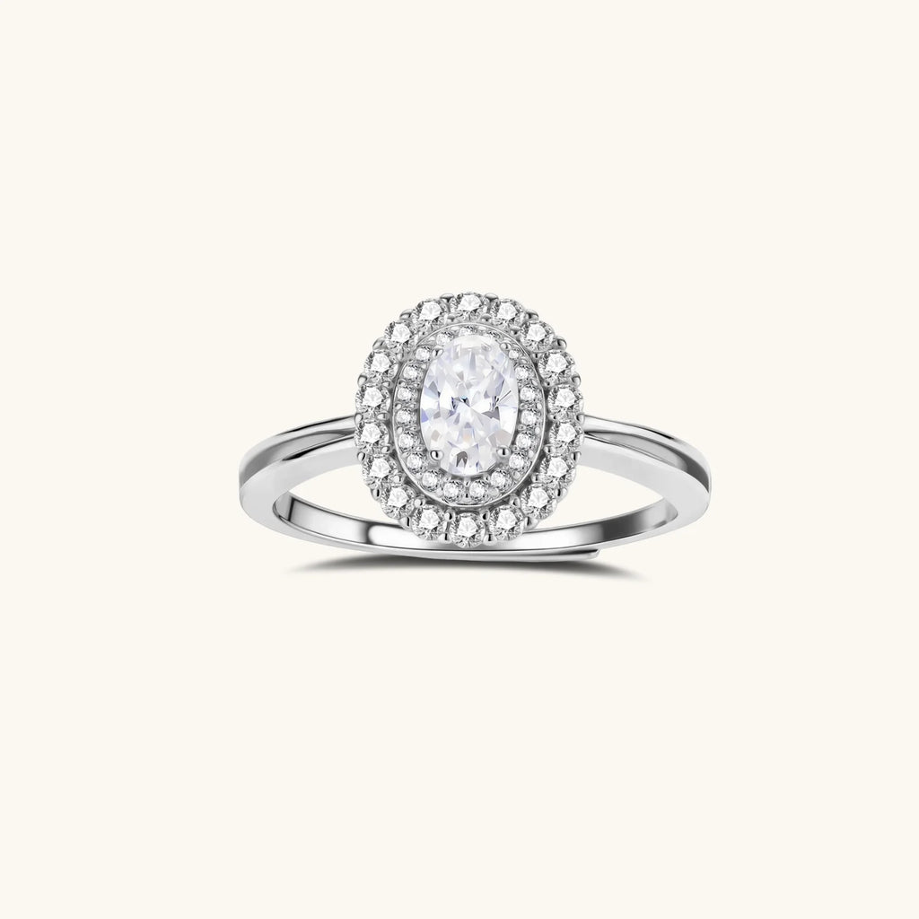 Double halo moissanite promise ring in 925 sterling silver with pave band, front view | VAHN Jewels