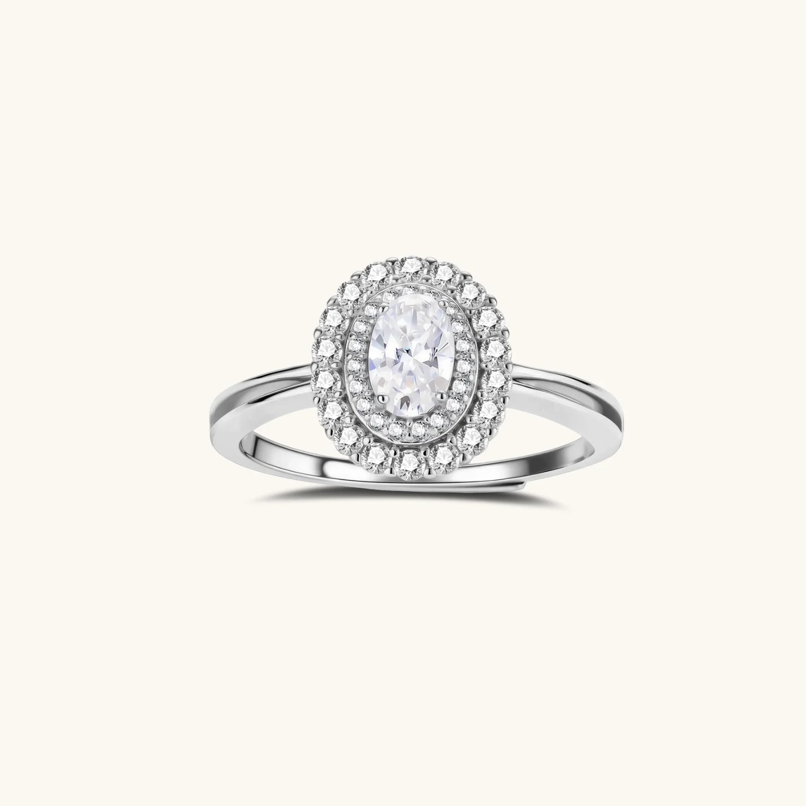 Double halo moissanite promise ring in 925 sterling silver with pave band, front view | VAHN Jewels