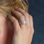 Woman wearing double halo moissanite promise ring in silver | VAHN Jewels