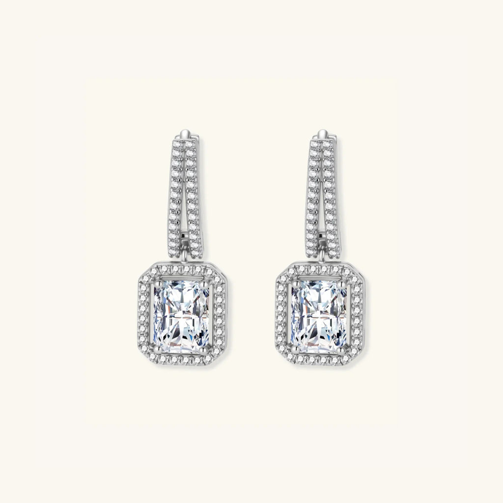 Emerald cut moissanite drop earrings in 925 sterling silver with double row pave huggie hoop and 1ct VVS1 moissanite by VAHN Jewels