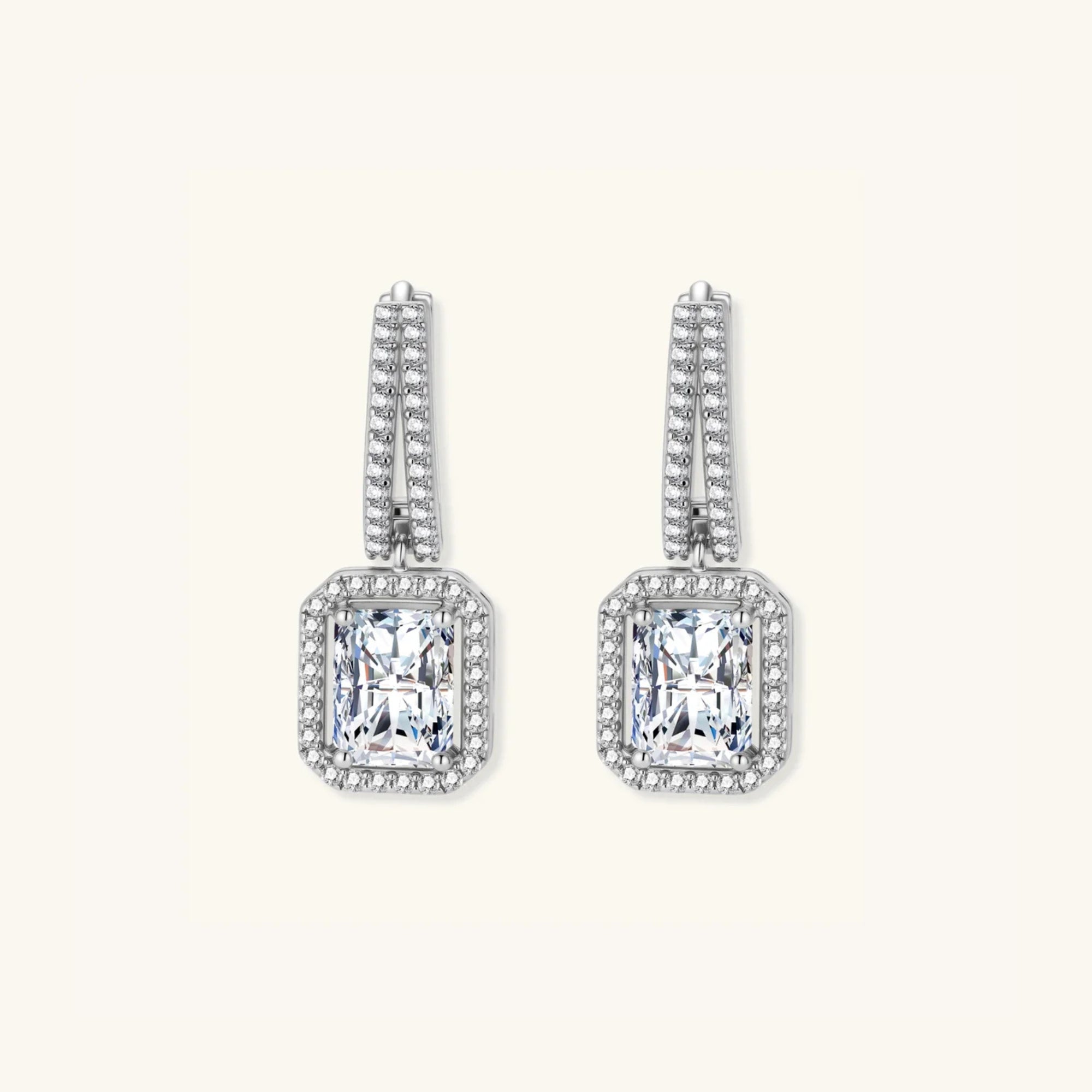 Emerald cut moissanite drop earrings in 925 sterling silver with double row pave huggie hoop and 1ct VVS1 moissanite by VAHN Jewels