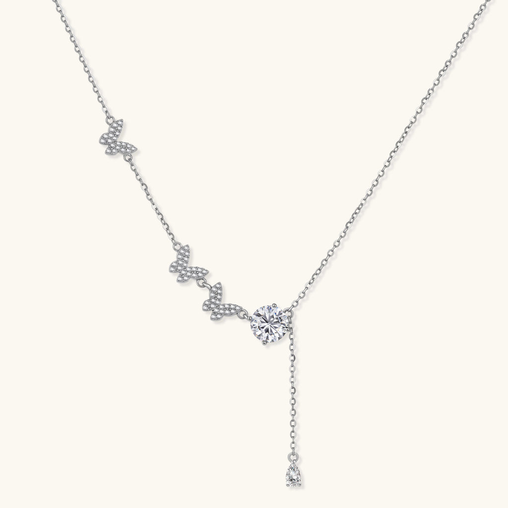  Flutter Dreams moissanite lariat necklace in 925 sterling silver with three pave butterfly charms and 1ct VVS1 moissanite pendant by VAHN Jewels
