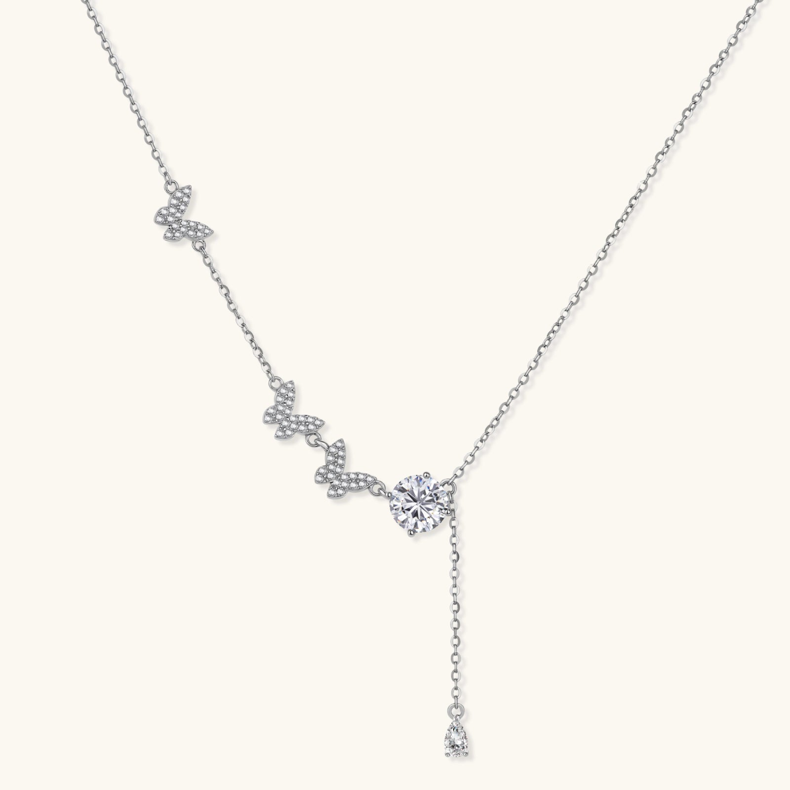  Flutter Dreams moissanite lariat necklace in 925 sterling silver with three pave butterfly charms and 1ct VVS1 moissanite pendant by VAHN Jewels