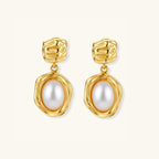 Golden bloom pearl drop earrings in 18K gold-plated 925 sterling silver with freshwater pearl in sculpted gold setting by VAHN Jewels