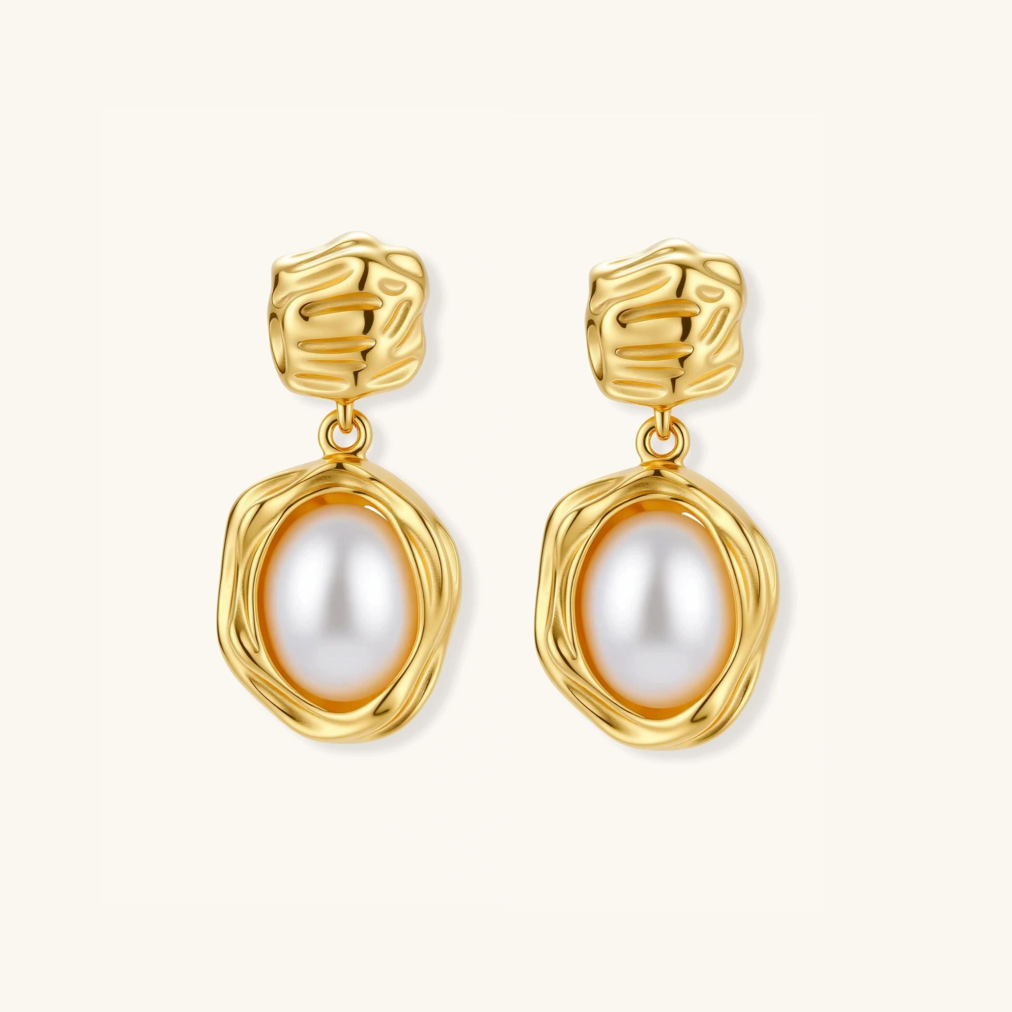 Golden bloom pearl drop earrings in 18K gold-plated 925 sterling silver with freshwater pearl in sculpted gold setting by VAHN Jewels