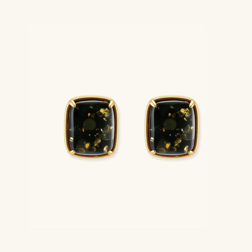 Green amber cabochon stud earrings in 18K gold-plated 925 sterling silver with four-prong setting and golden inclusions by VAHN Jewels