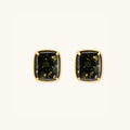 Green amber cabochon stud earrings in 18K gold-plated 925 sterling silver with four-prong setting and golden inclusions by VAHN Jewels