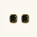 Green amber cabochon stud earrings in 18K gold-plated 925 sterling silver with four-prong setting and golden inclusions by VAHN Jewels
