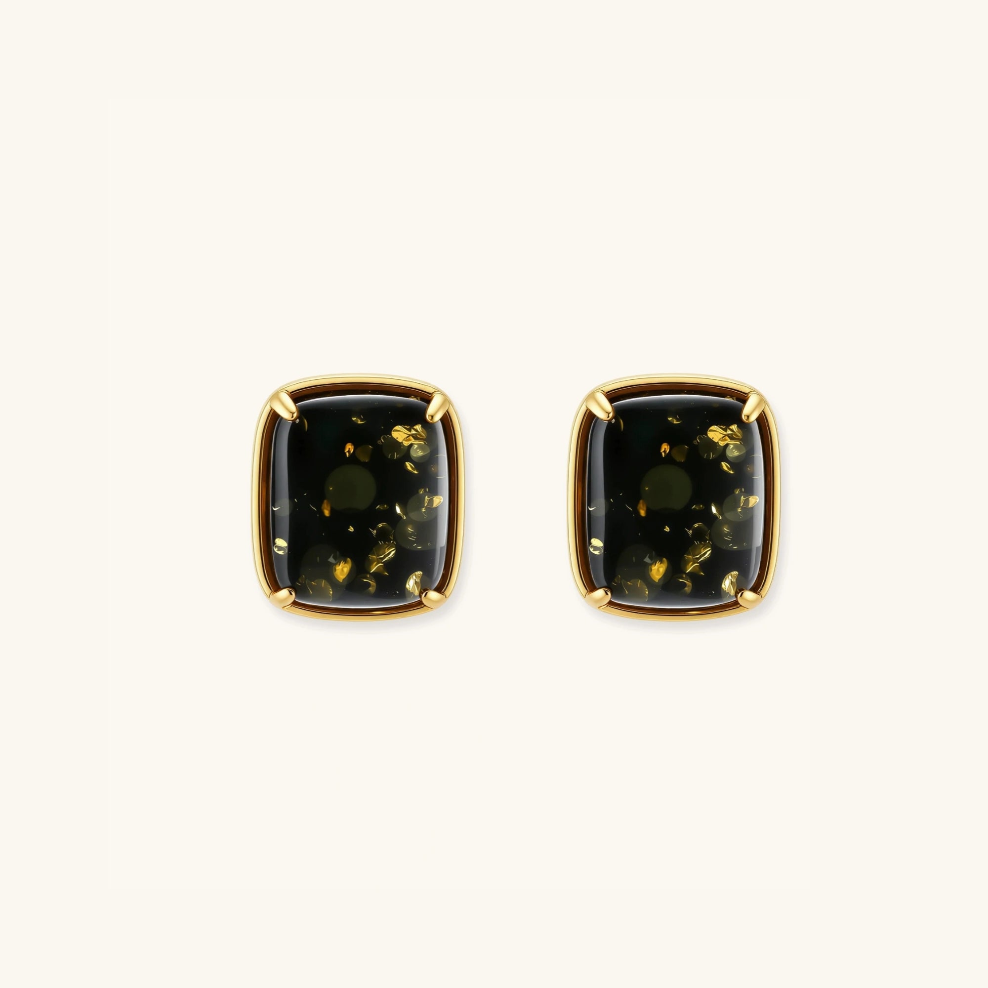 Green amber cabochon stud earrings in 18K gold-plated 925 sterling silver with four-prong setting and golden inclusions by VAHN Jewels