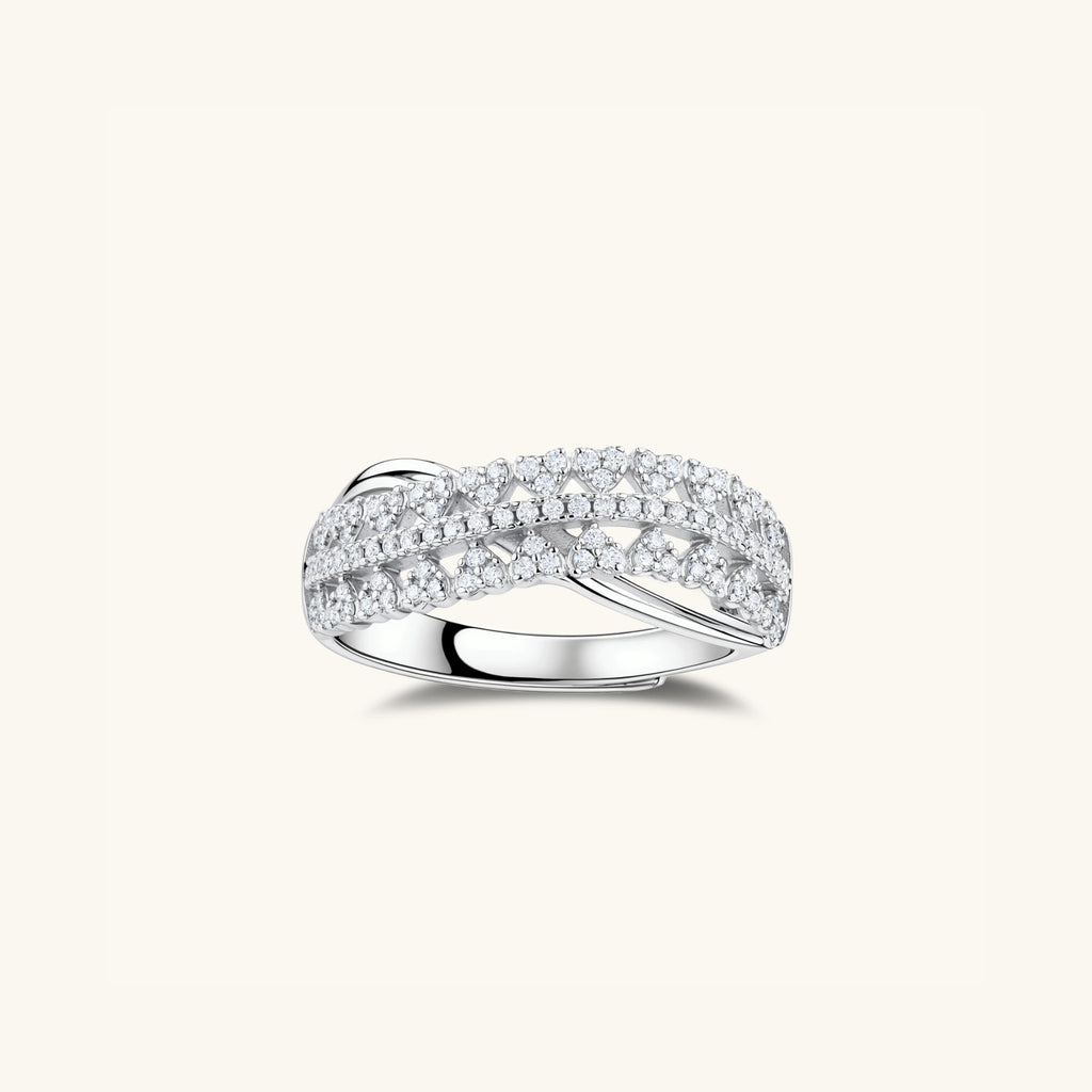Infinity crossover pave ring in 925 sterling silver with moissanite, front view | VAHN Jewels