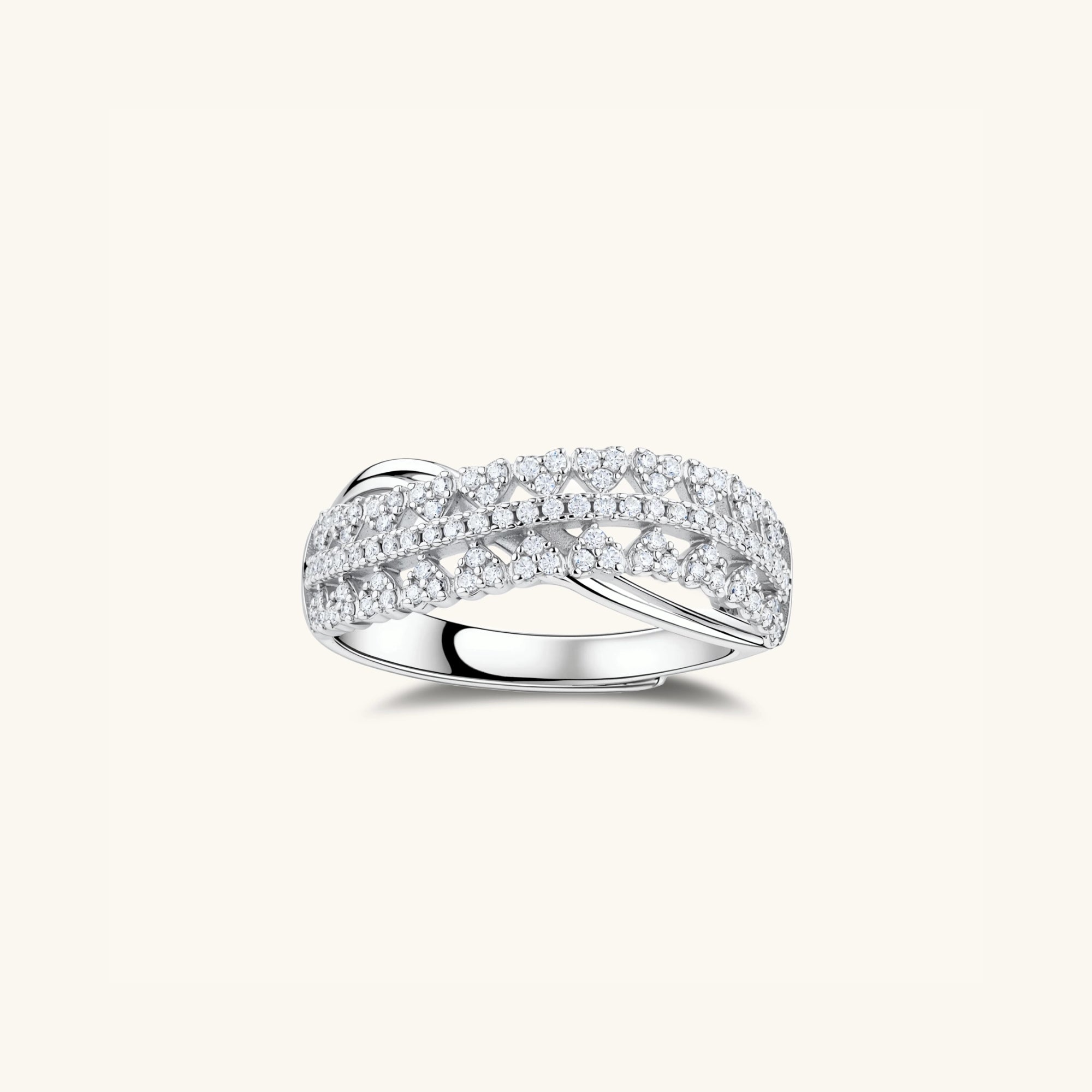 Infinity crossover pave ring in 925 sterling silver with moissanite, front view | VAHN Jewels