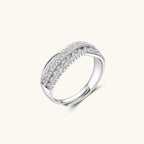 Side view of infinity crossover ring showing twisted pave bands in 925 sterling silver