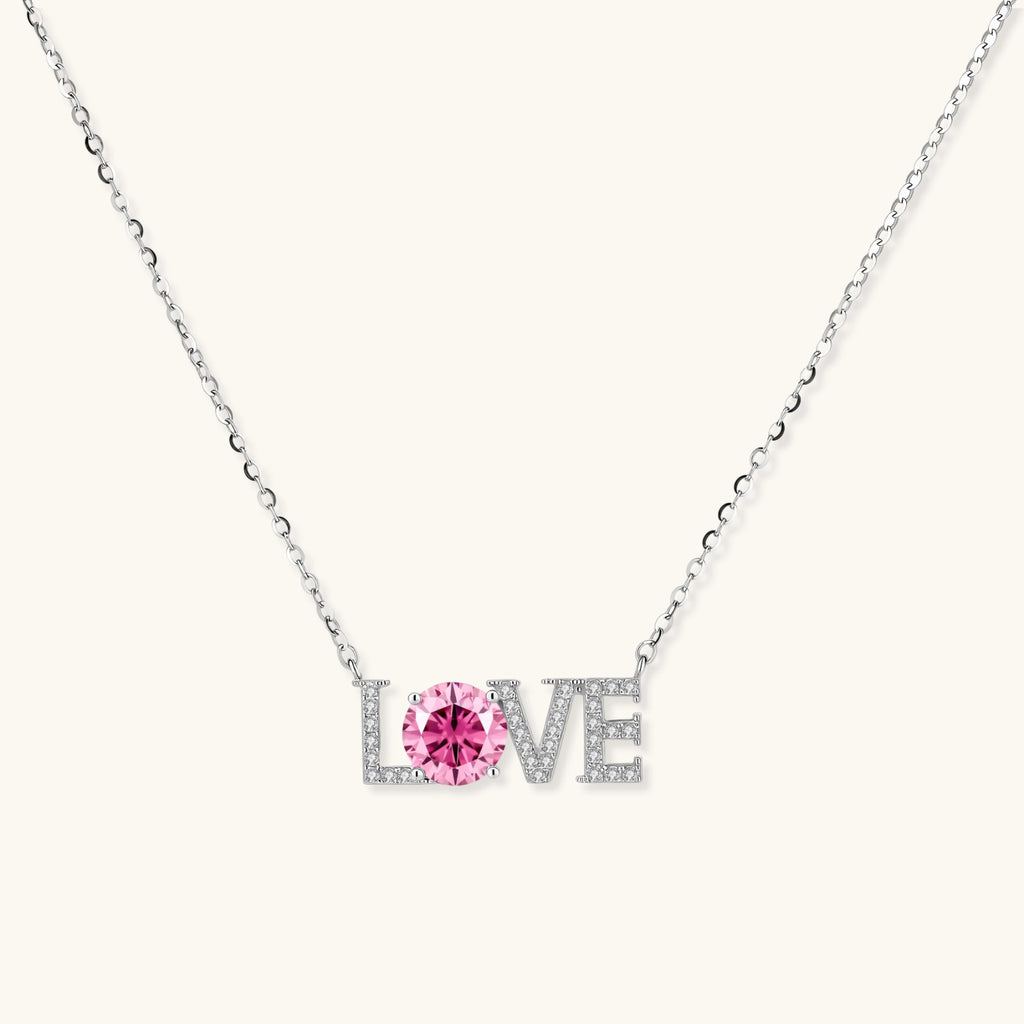 LOVE moissanite pendant necklace in 925 sterling silver with 1ct VVS1 pink moissanite center stone and pave letter setting by VAHN Jewels