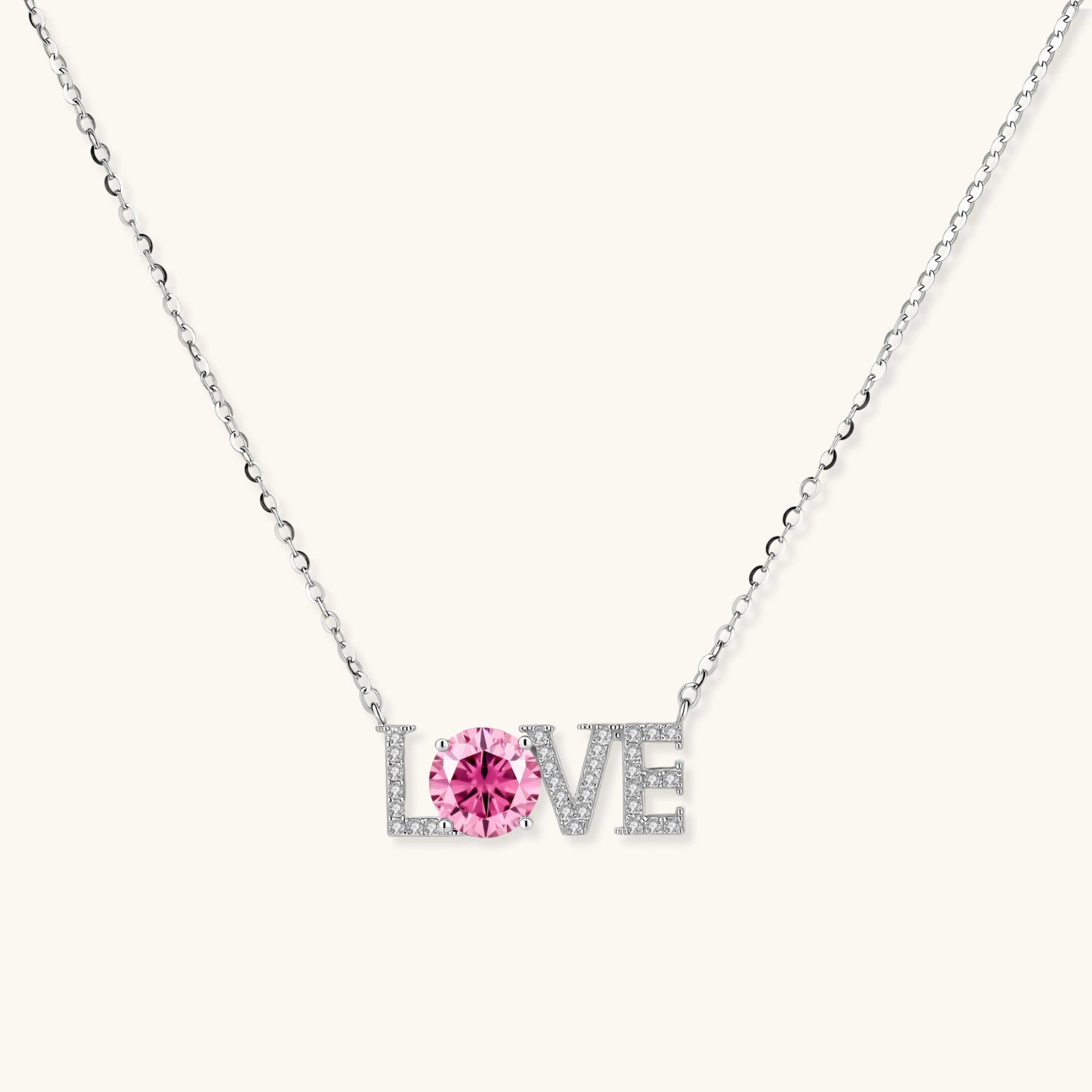 LOVE moissanite pendant necklace in 925 sterling silver with 1ct VVS1 pink moissanite center stone and pave letter setting by VAHN Jewels