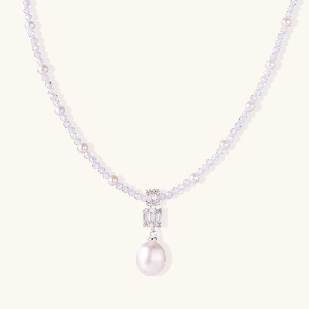 Lavender pearl crystal necklace in rhodium-plated 925 sterling silver with freshwater pearls and lavender crystal beads by VAHN Jewels