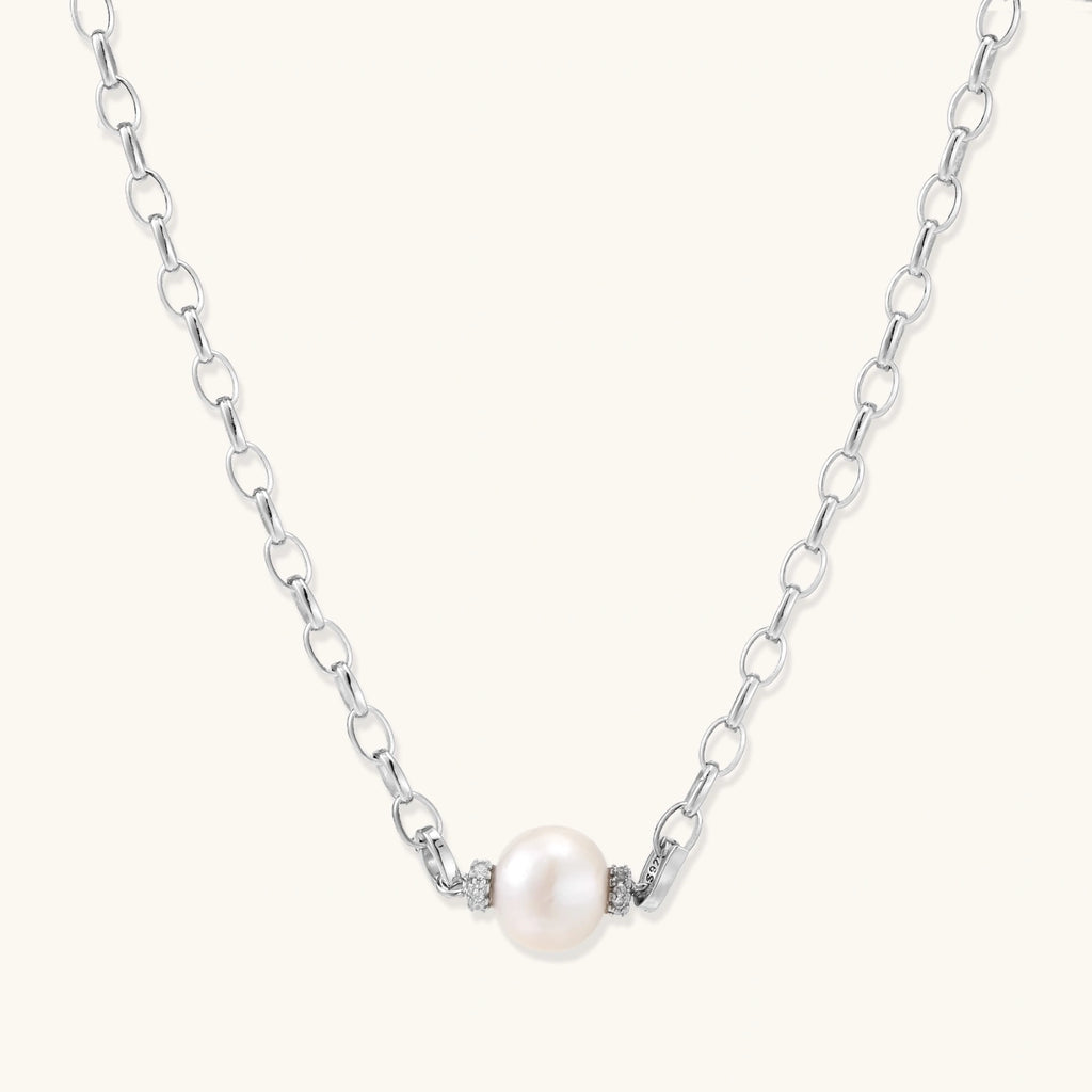 Luna Pearl Chain necklace in rhodium-plated 925 sterling silver with single 10mm freshwater pearl solitaire by VAHN Jewels