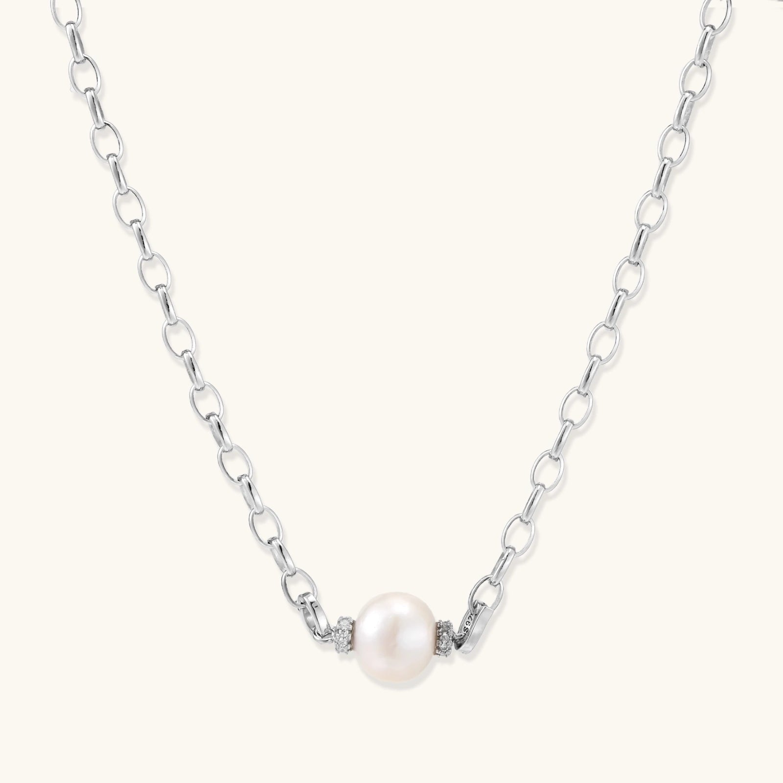 Luna Pearl Chain necklace in rhodium-plated 925 sterling silver with single 10mm freshwater pearl solitaire by VAHN Jewels