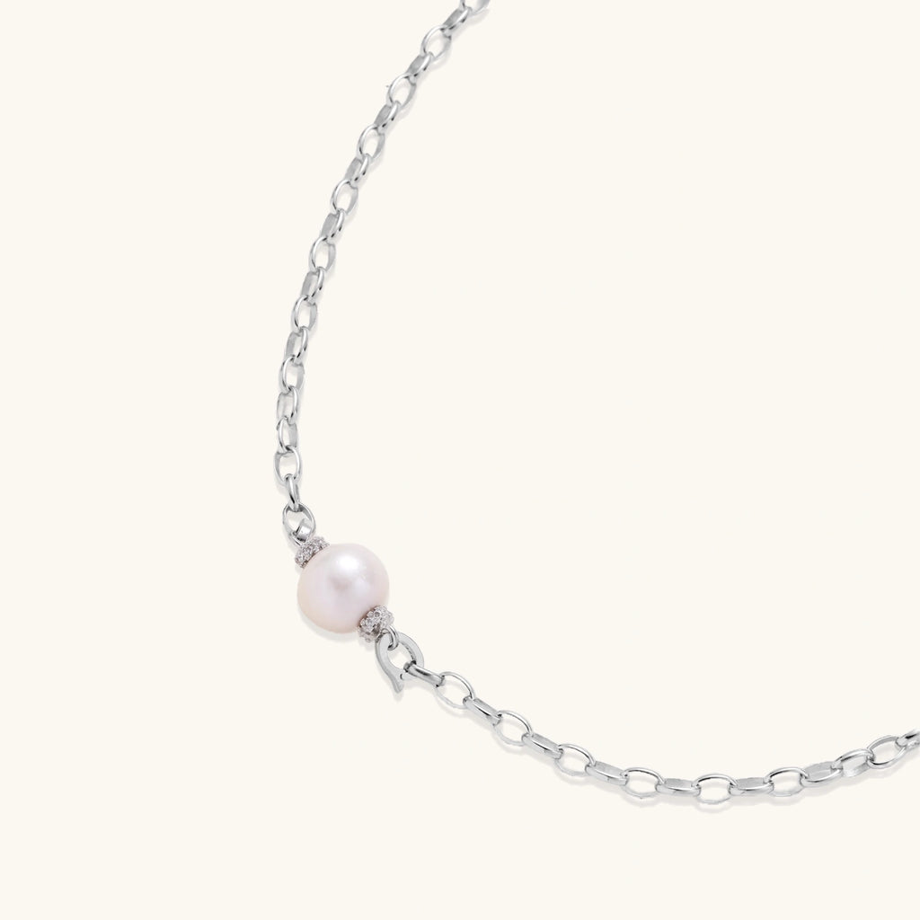 Full length view of Luna Pearl Chain necklace showing chunky rhodium silver link chain and freshwater pearl center by VAHN Jewels