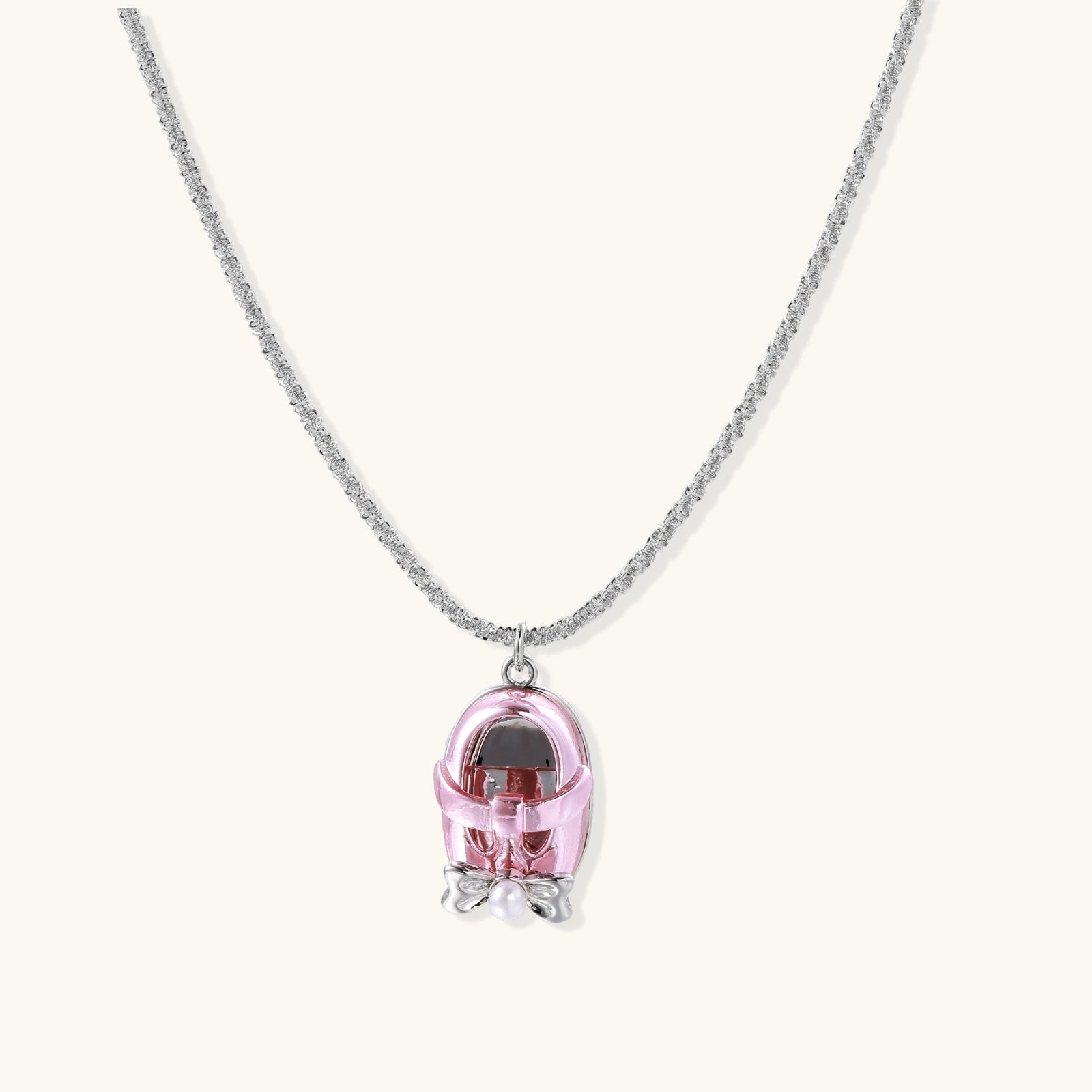 Mary Jane shoe charm necklace in white gold plated eco-brass with pink ballet flat pendant