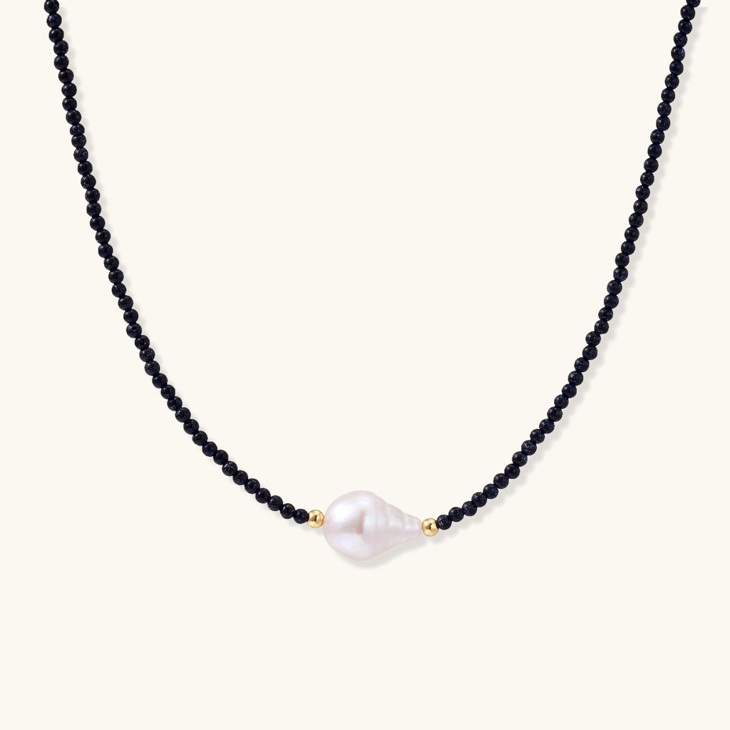 Midnight baroque pearl necklace with blue sandstone beads and 18K gold vermeil accents featuring baroque freshwater pearl center by VAHN Jewels