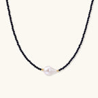 Midnight baroque pearl necklace with blue sandstone beads and 18K gold vermeil accents featuring baroque freshwater pearl center by VAHN Jewels
