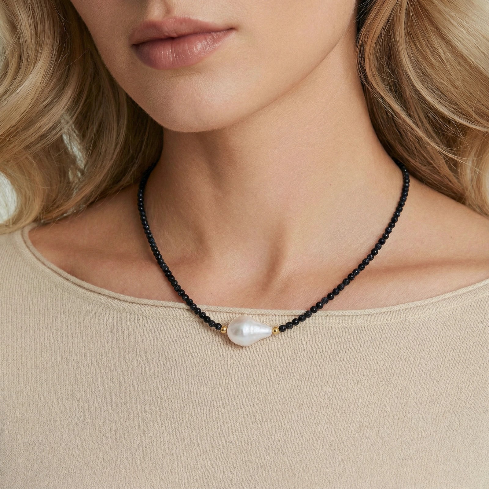 Woman wearing midnight pearl gold vermeil necklace with baroque pearl and blue sandstone by VAHN Jewels
