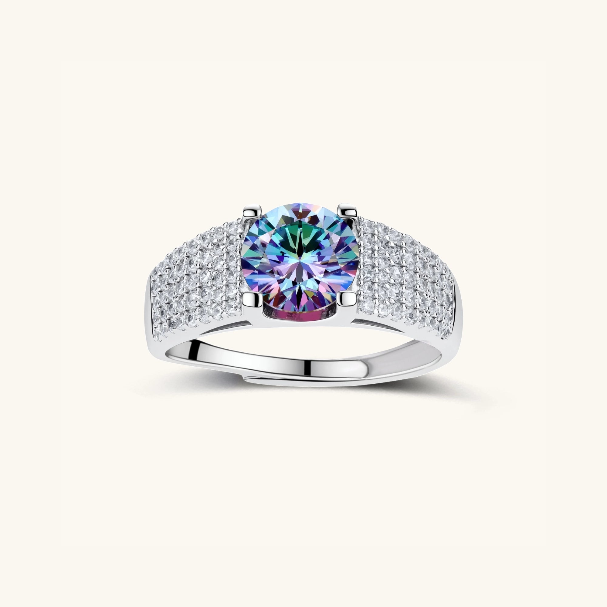 2-carat moissanite cocktail ring in 925 sterling silver with pave band, front view | VAHN Jewels