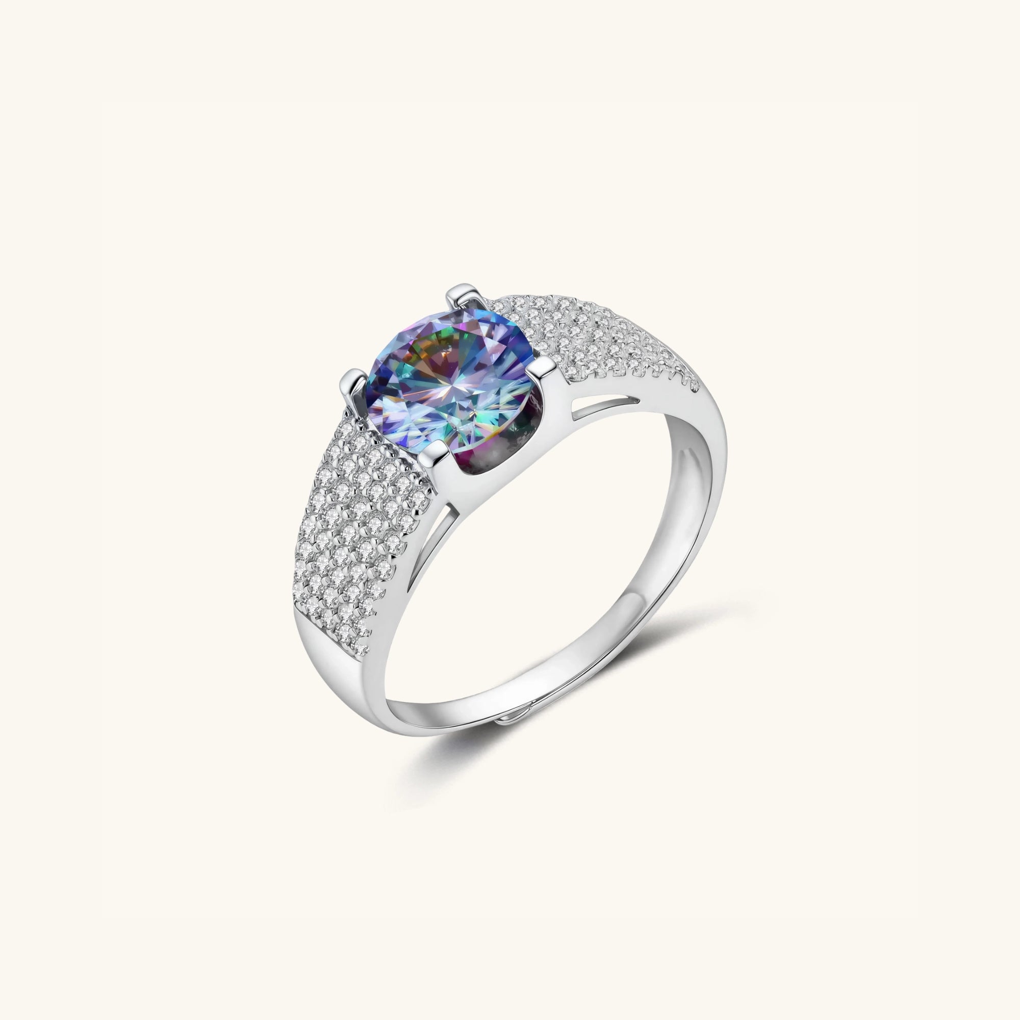 Side view of 2-carat moissanite statement ring with pave band in 925 sterling silver