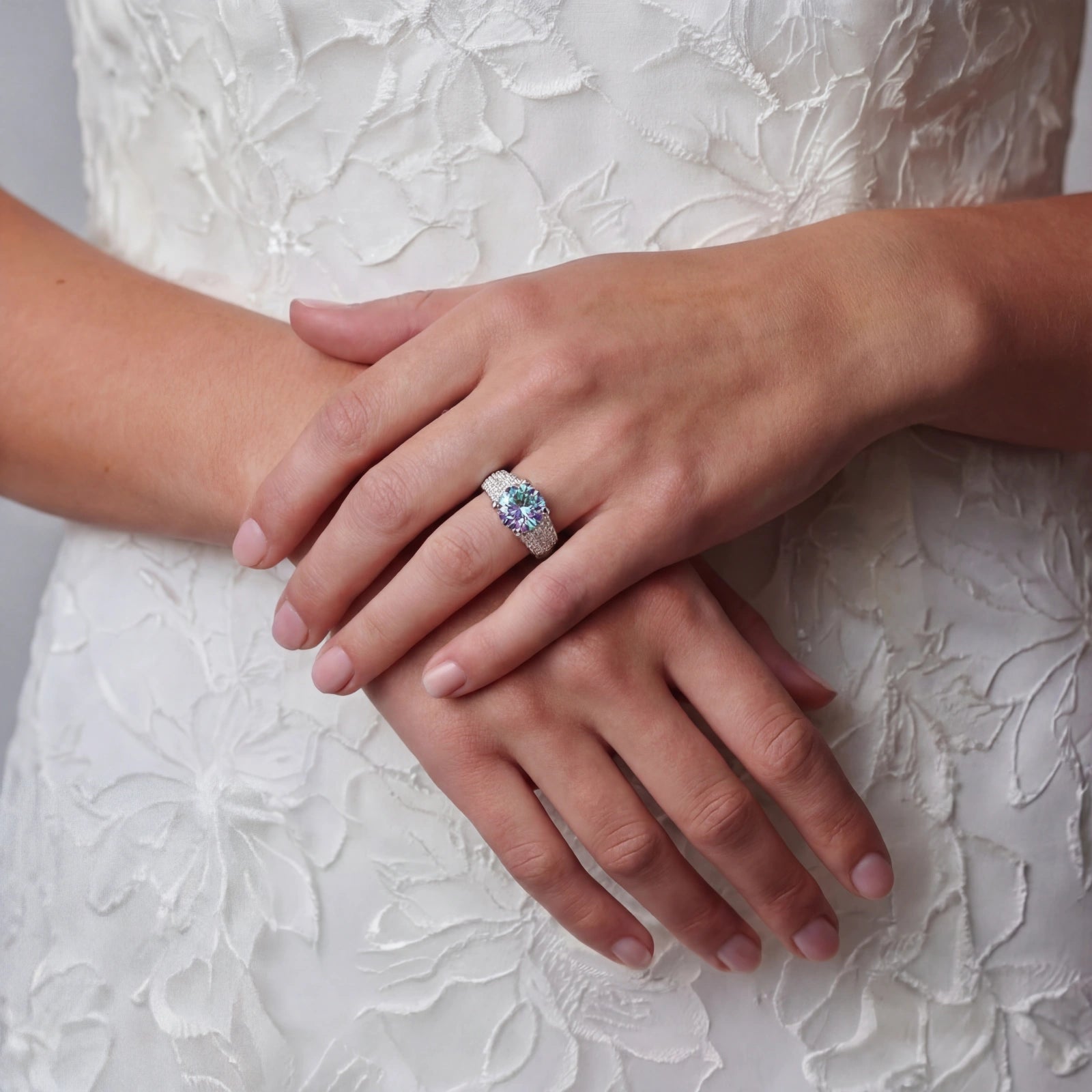 Woman wearing 2-carat moissanite cocktail ring in silver | VAHN Jewels