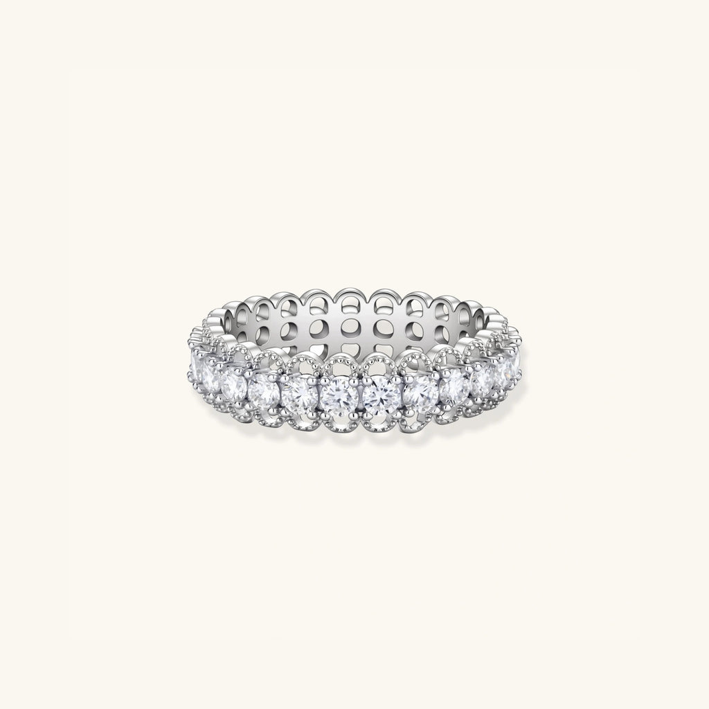 Moissanite eternity band ring in 925 sterling silver set all around with moissanite, front view | VAHN Jewels