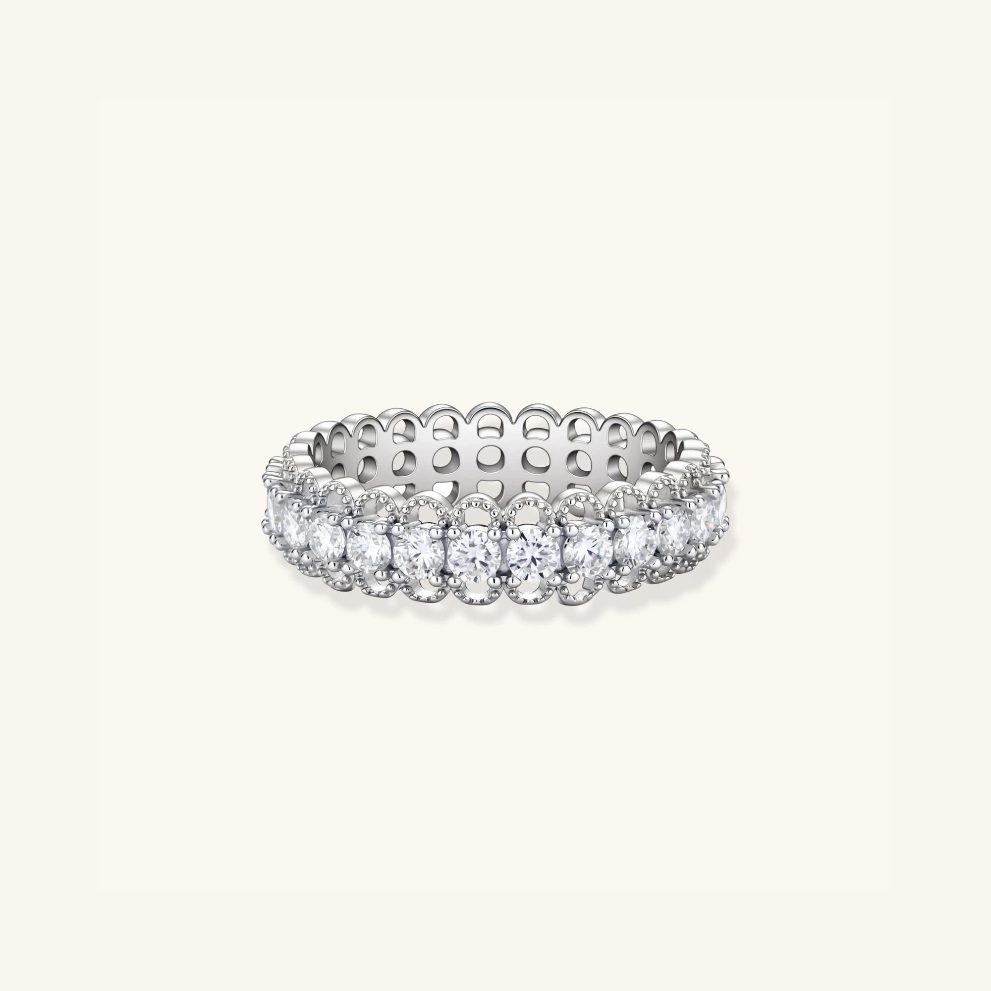 Moissanite eternity band ring in 925 sterling silver set all around with moissanite, front view | VAHN Jewels