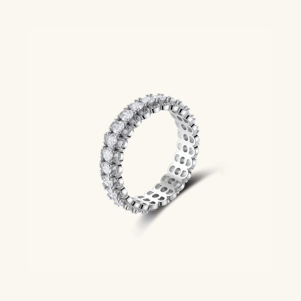 Side view of moissanite eternity band showing stones around the full band in 925 sterling silver