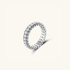 Side view of moissanite eternity band showing stones around the full band in 925 sterling silver