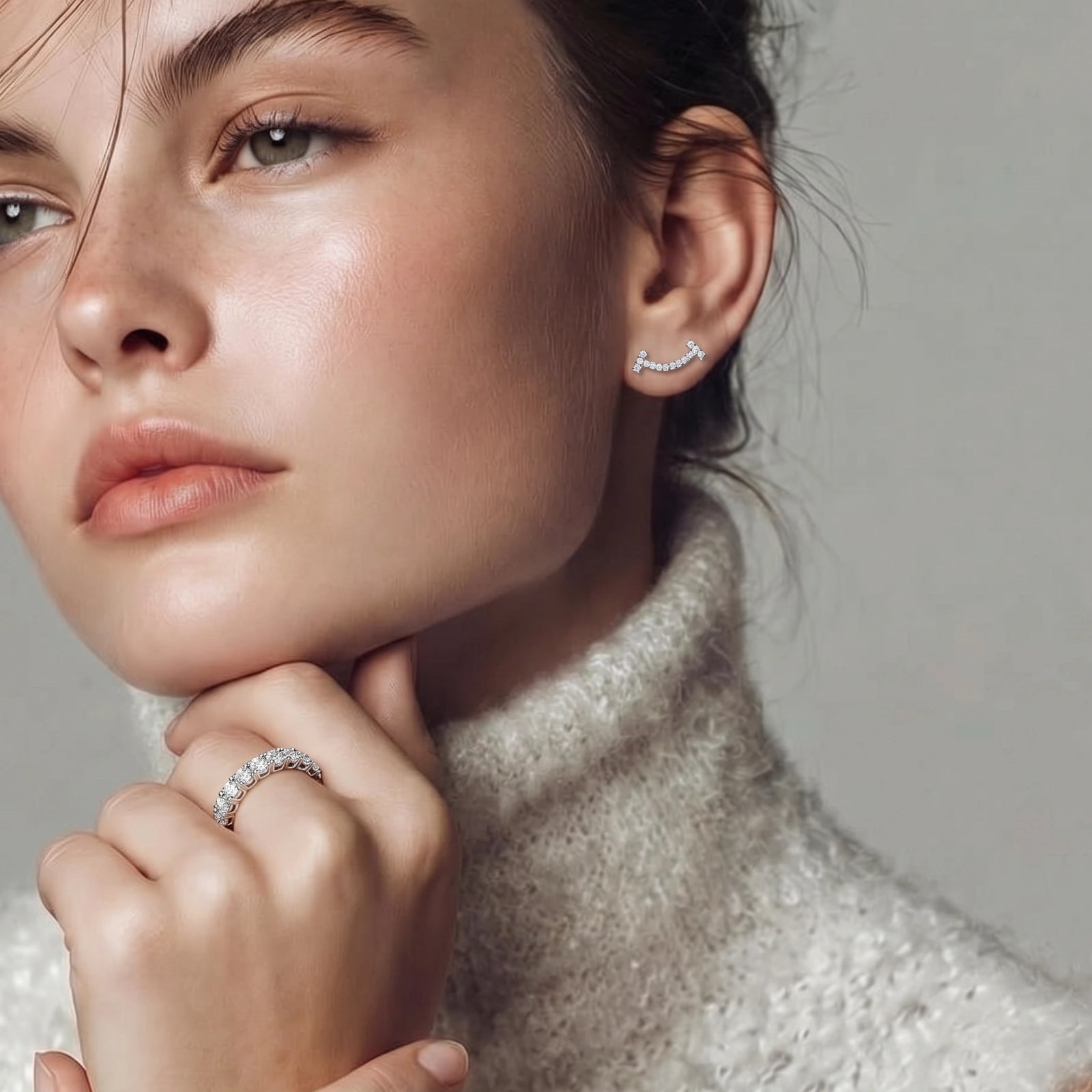 Woman wearing moissanite eternity band ring in silver | VAHN Jewels