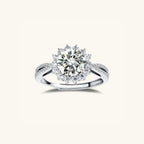Moissanite halo solitaire ring in 925 sterling silver with VVS1 moissanite center, front view | VAHN Jewels