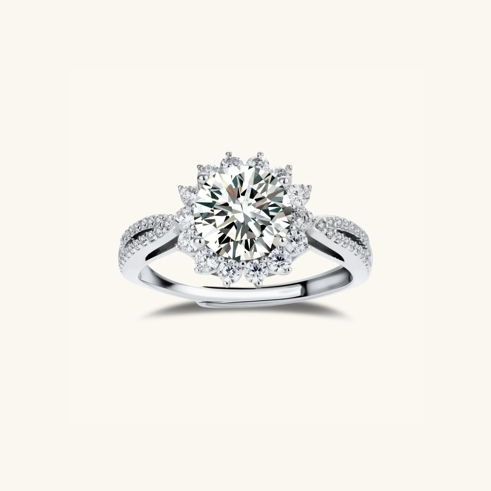 Moissanite halo solitaire ring in 925 sterling silver with VVS1 moissanite center, front view | VAHN Jewels