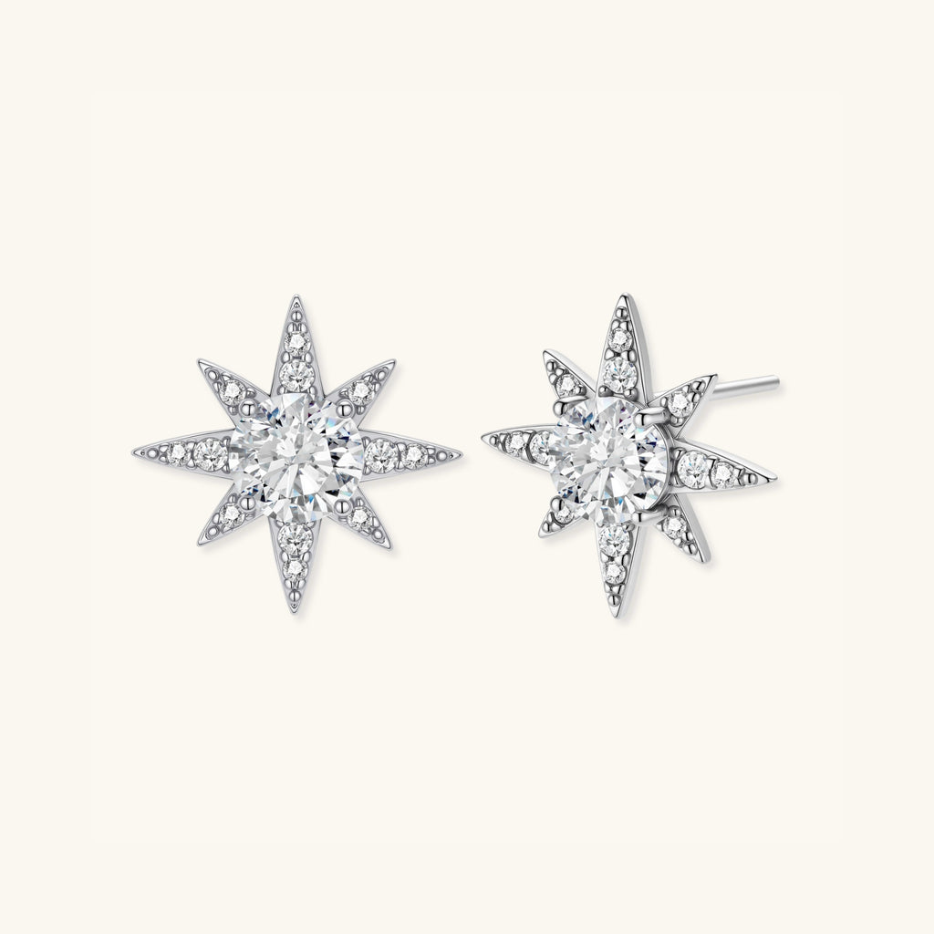 Close-up of eight-point moissanite star studs with pave stones in 925 sterling silver