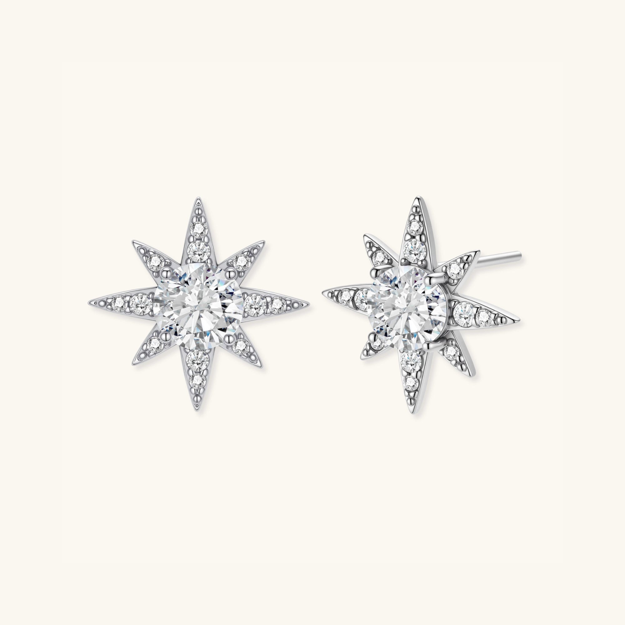 Close-up of eight-point moissanite star studs with pave stones in 925 sterling silver