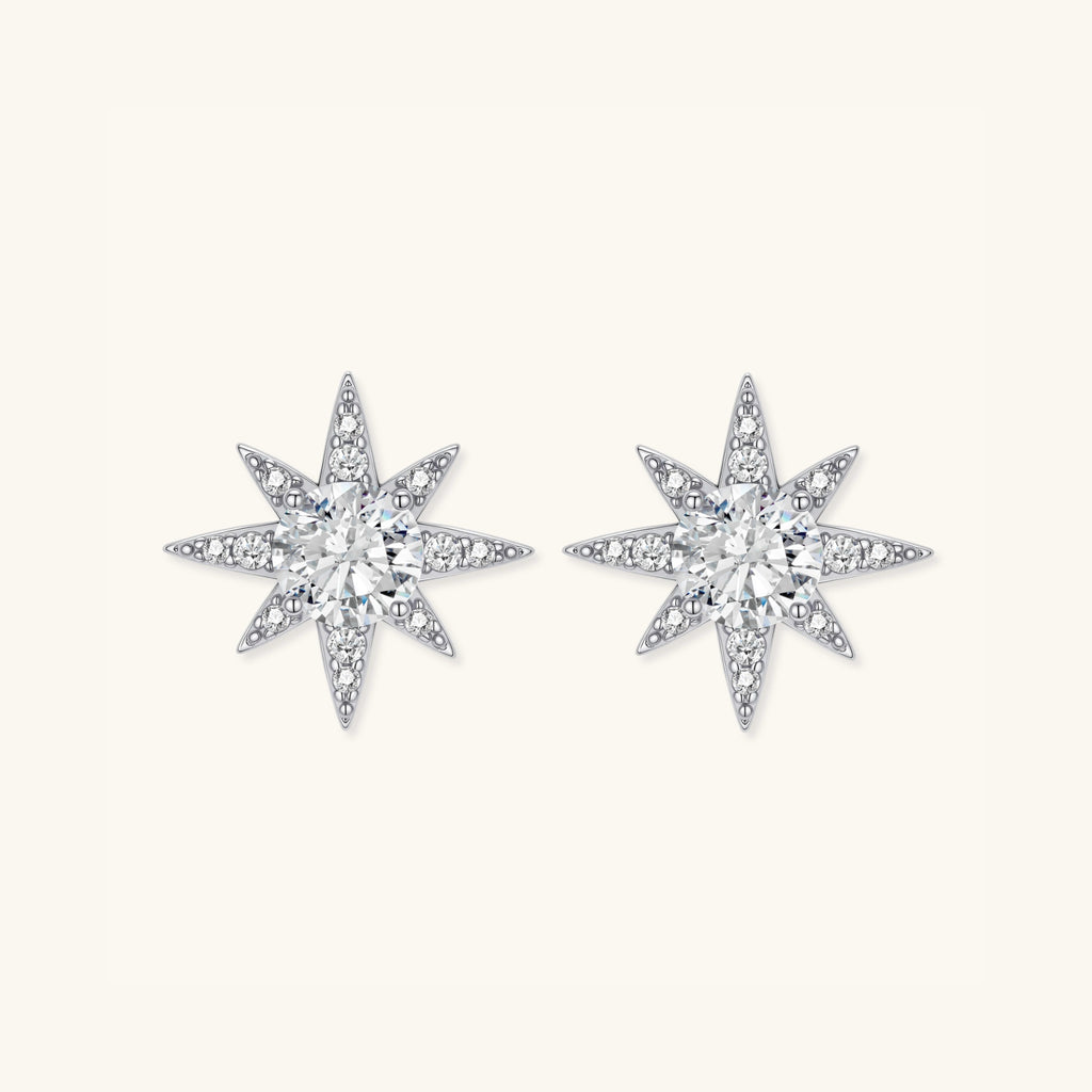 Moissanite star stud earrings in 925 sterling silver with brilliant moissanite center, front view | VAHN Jewels