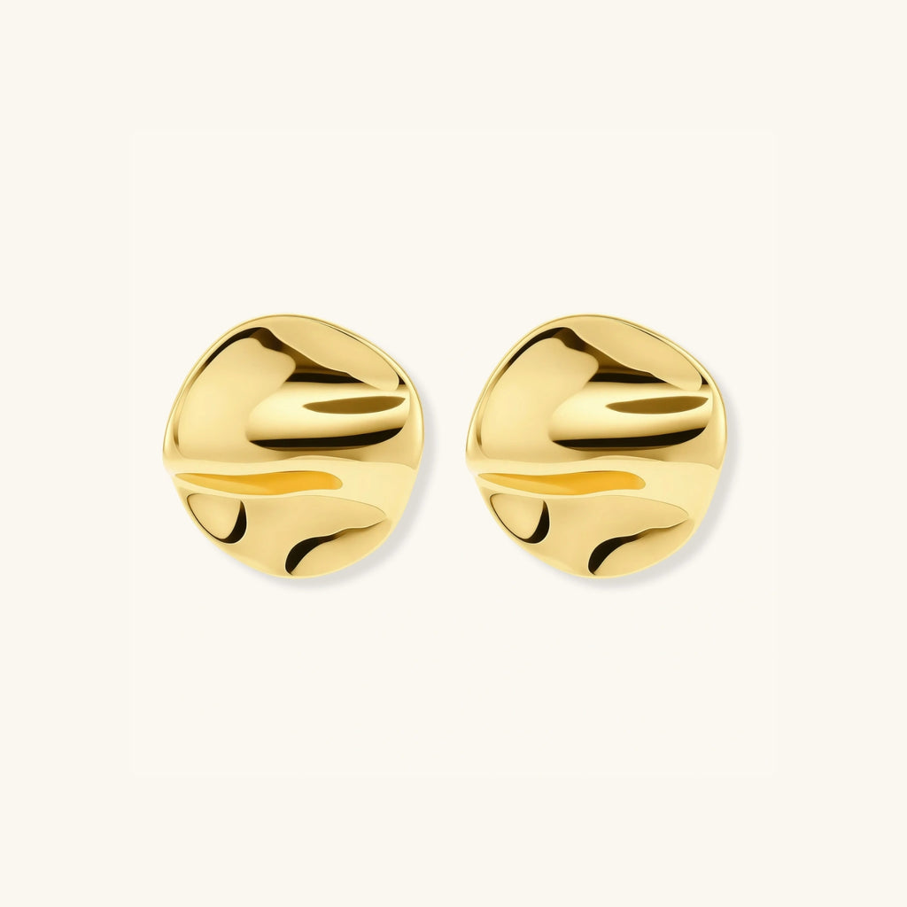 Gold statement stud earrings in 18K gold-plated 925 sterling silver, organic sculpted shape, front view | VAHN Jewels