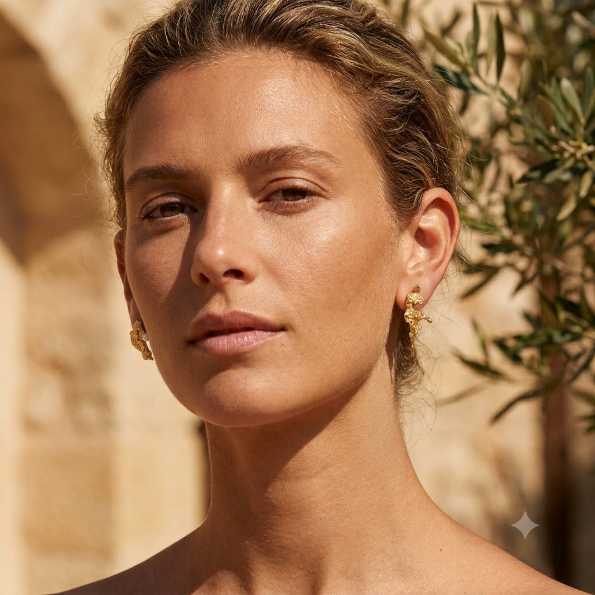Woman wearing gold sculptural asymmetrical stud earrings with freshwater pearl | VAHN Jewels