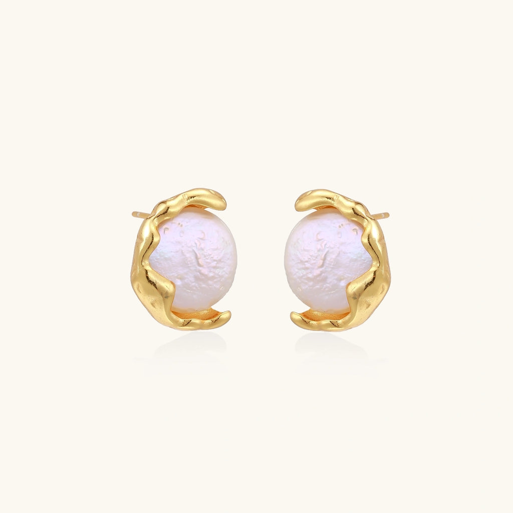 Pair of gold vermeil freshwater pearl stud earrings, organic molten frame
