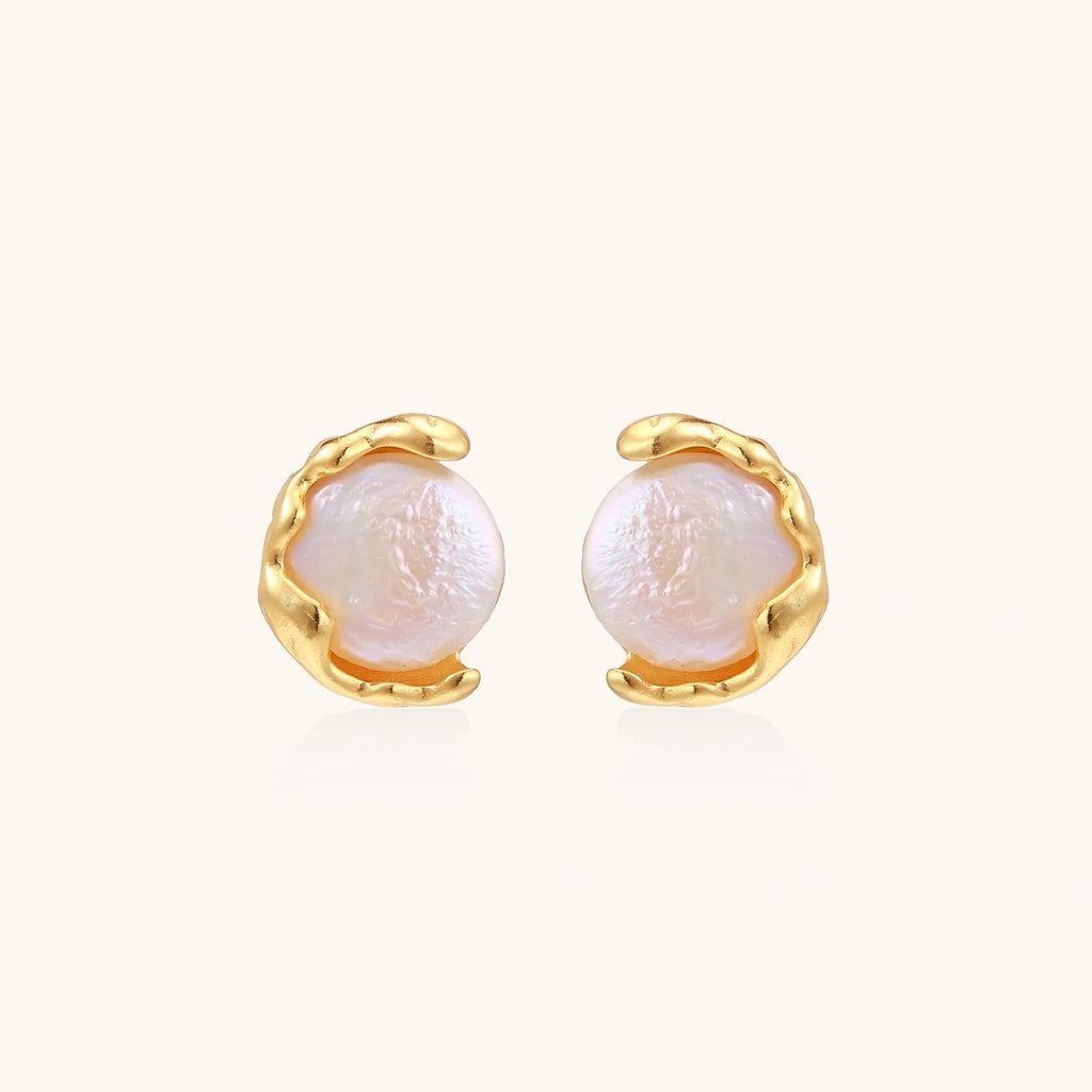 Gold vermeil pearl stud earrings with freshwater pearl in molten 18K gold over 925 sterling silver, front view | VAHN Jewels