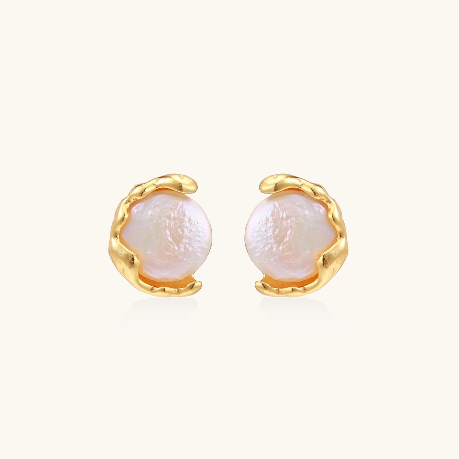Gold vermeil pearl stud earrings with freshwater pearl in molten 18K gold over 925 sterling silver, front view | VAHN Jewels