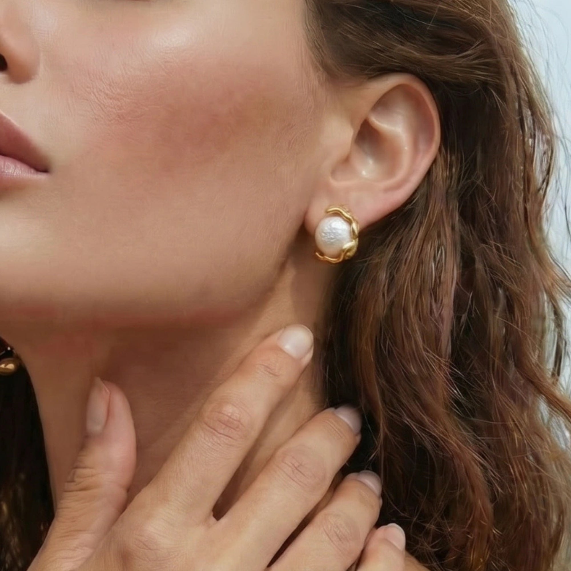 Woman wearing gold vermeil pearl stud earrings with freshwater pearl | VAHN Jewels