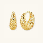 Angled pair view of openwork gold dome hoop earrings showing bombé lattice detail by VAHN Jewels