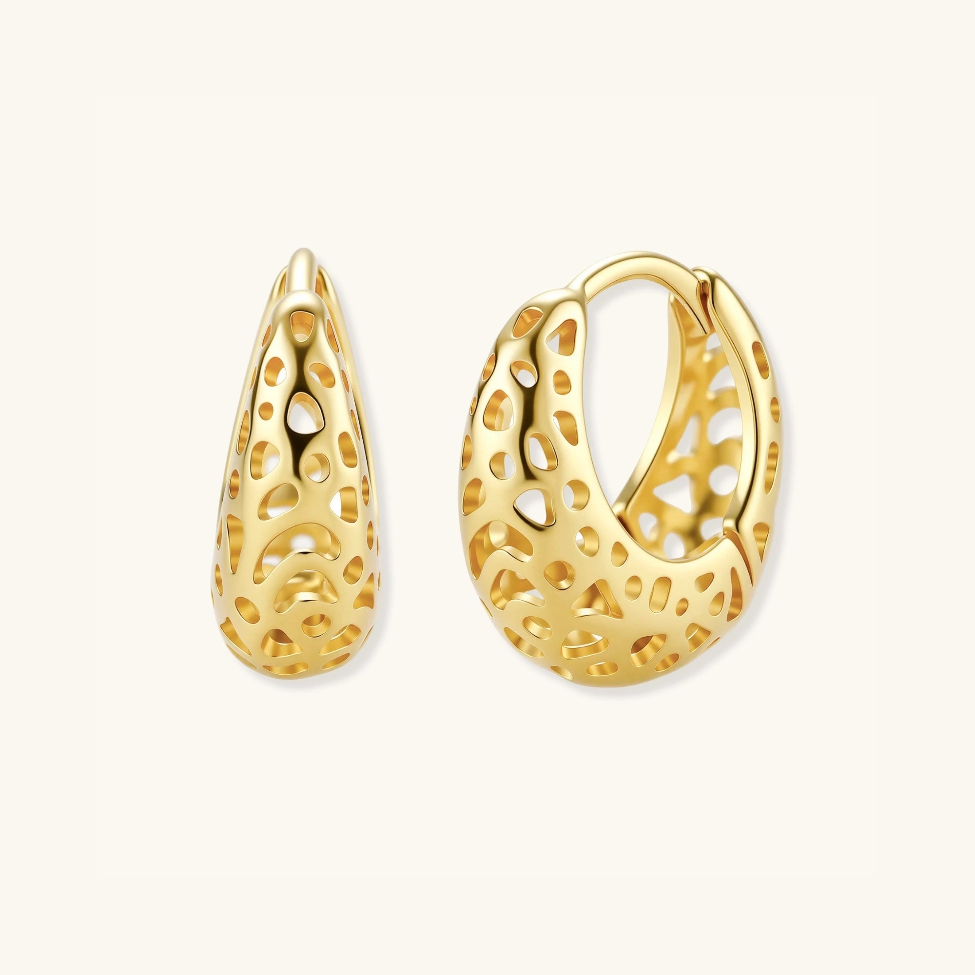 Angled pair view of openwork gold dome hoop earrings showing bombé lattice detail by VAHN Jewels