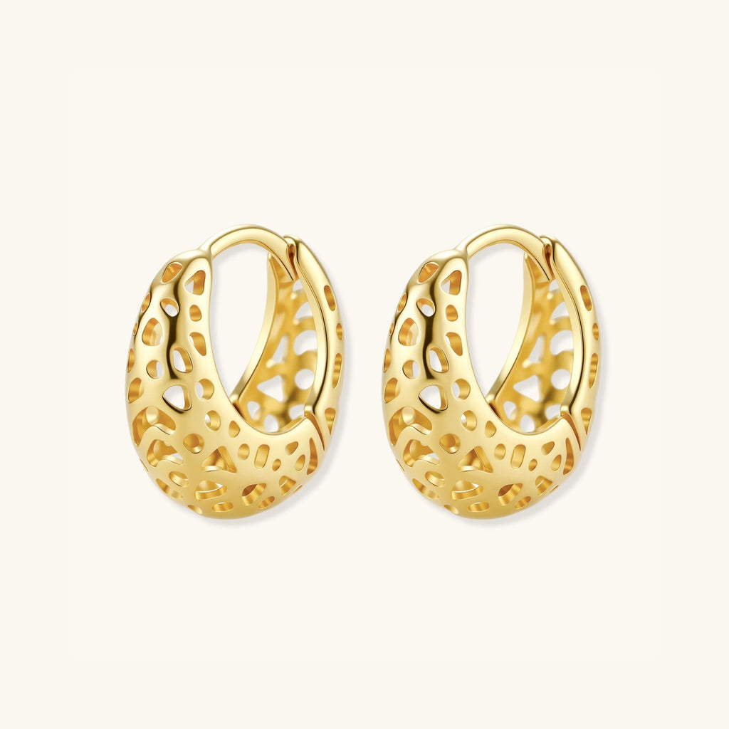 Close-up pair of openwork gold dome hoop earrings in 14K gold-plated 925 silver by VAHN Jewels