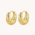 Close-up pair of openwork gold dome hoop earrings in 14K gold-plated 925 silver by VAHN Jewels